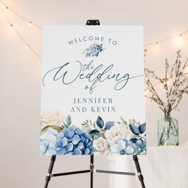 Blue Hydrangea Wedding Welcome Sign Poster (In Situ (Stand))