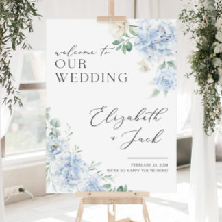 Blue Hydrangea Wedding Welcome Sign Printed, Blue
