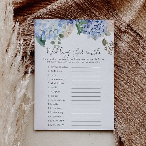 Blue Hydrangea Wedding Word Scramble Game Card