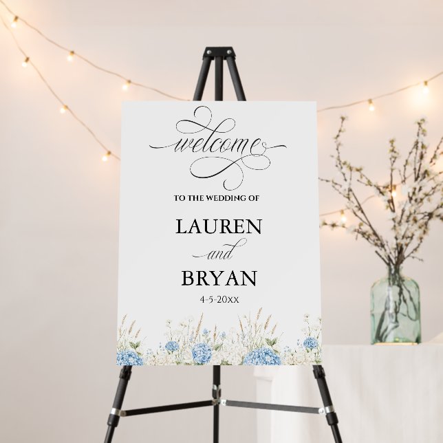 Blue Hydrangea Welcome Calligraphy Wedding Sign (In Situ (Stand))