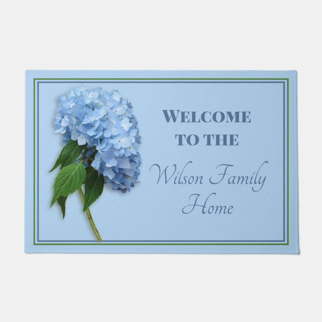 Blue Hydrangea Welcome Family Name Doormat (Front)