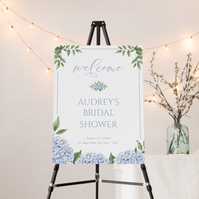 Blue Hydrangea Welcome Sign, Blooms and Leaves Foam Board (In Situ (Stand))
