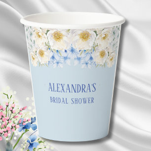 Blue Hydrangea White Floral Garden Bridal Shower Paper Cups
