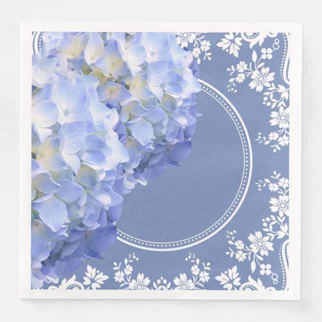Blue Hydrangea White Lace Party Wedding Reception Paper Dinner Napkins (Front)