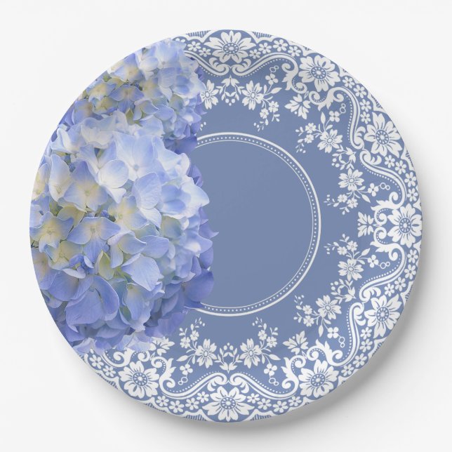 Blue Hydrangea White Lace Party Wedding Reception Paper Plates (Front)