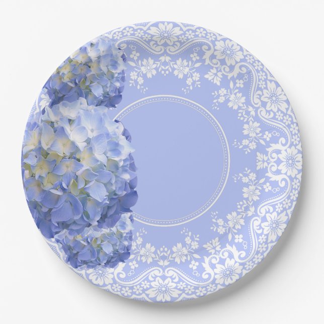 Blue Hydrangea White Lace Party Wedding Reception Paper Plates (Front)