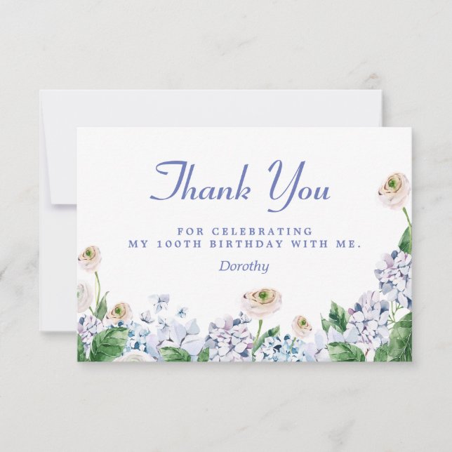 Blue Hydrangea White Rose 100th Birthday Thank You Card (Front)