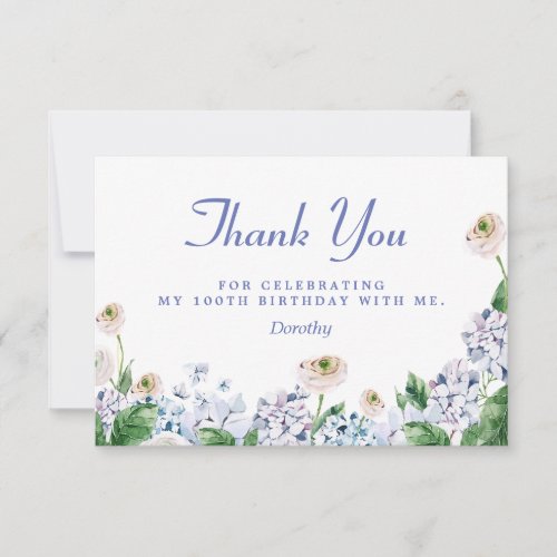 Blue Hydrangea White Rose 100th Birthday Thank You Card