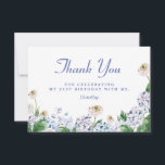 Blue Hydrangea White Rose 21st Birthday Thank You Card<br><div class="desc">Soft dusty blue and purple hydrangeas mix with soft blush white wild roses. The birthday celebrant's name is written in an easy-to-read script font. Two lines of text let you personalize your gratitude. All of the text is editable so you can customize your welcome.</div>