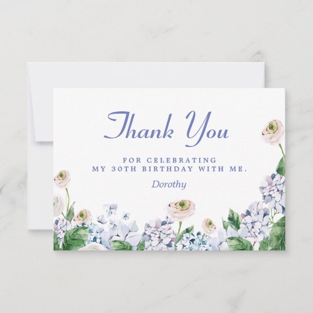 Blue Hydrangea White Rose 30th Birthday Thank You Card (Front)
