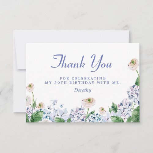 Blue Hydrangea White Rose 50th Birthday Thank You Card