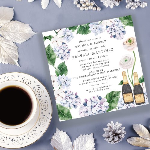 Blue Hydrangea White Rose Bridal Brunch Bubbly Invitation