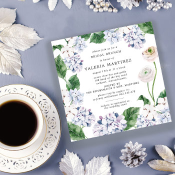 Blue Hydrangea White Rose Bridal Brunch Square Invitation by Celebrais at Zazzle