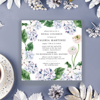 Blue Hydrangea White Rose Bridal Luncheon Square Invitation by Celebrais at Zazzle