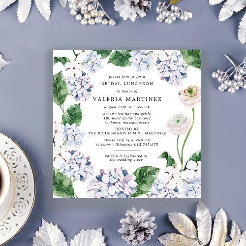 Blue Hydrangea White Rose Bridal Luncheon Square Invitation