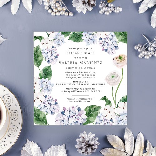 Blue Hydrangea White Rose Bridal Shower Square Invitation