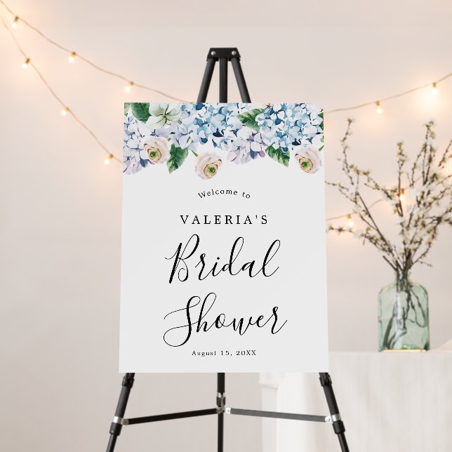 Blue Hydrangea White Rose Bridal Shower Welcome Foam Board (In Situ (Stand))