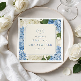 Blue Hydrangea White Rose Classic Wedding Napkins