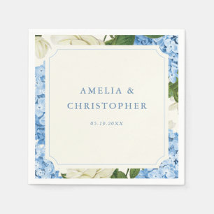 Blue Hydrangea White Rose Classic Wedding Napkins