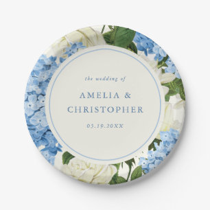 Blue Hydrangea White Rose Classic Wedding Paper Plates