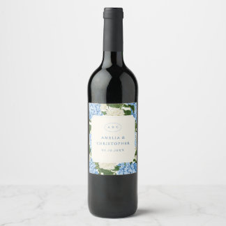 Blue Hydrangea White Rose Classic Wedding Wine Label