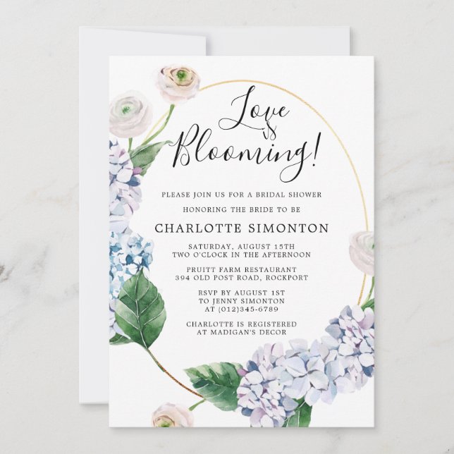 Blue Hydrangea White Rose Floral Bridal Shower Invitation (Front)