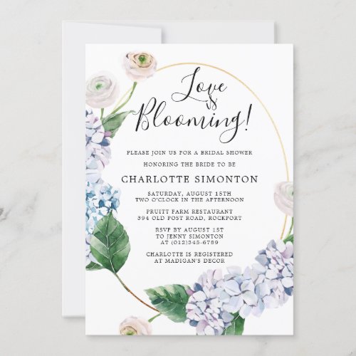 Blue Hydrangea White Rose Floral Bridal Shower Invitation
