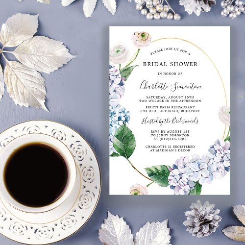 Blue Hydrangea White Rose Floral Bridal Shower Invitation