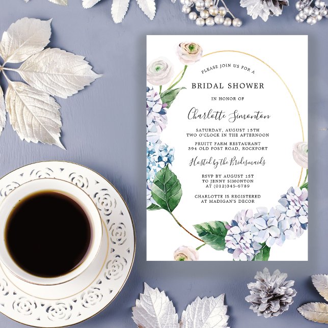 Blue Hydrangea White Rose Floral Bridal Shower Invitation (Creator Uploaded)