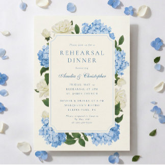 Blue Hydrangea & White Rose Rehearsal Dinner Invitation