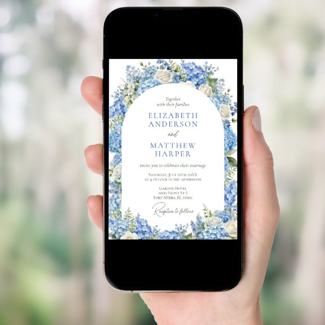 Blue Hydrangea White Roses Floral Arch Wedding Invitation (Front Digital)