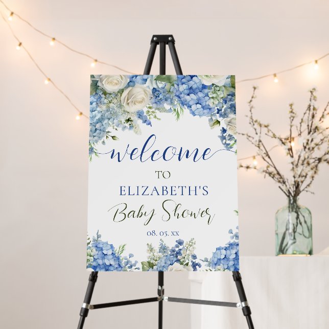 Blue Hydrangea White Roses Floral Script Welcome Foam Board (In Situ (Stand))