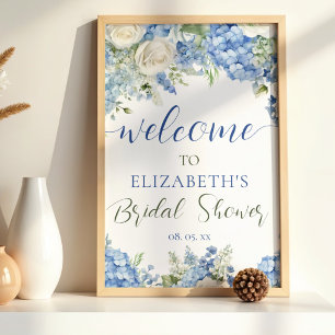 Blue Hydrangea White Roses Floral Script Welcome Poster