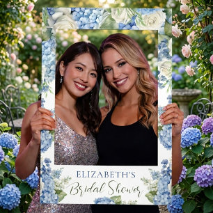 Blue Hydrangea White Roses Floral Script Welcome Selfie Frame