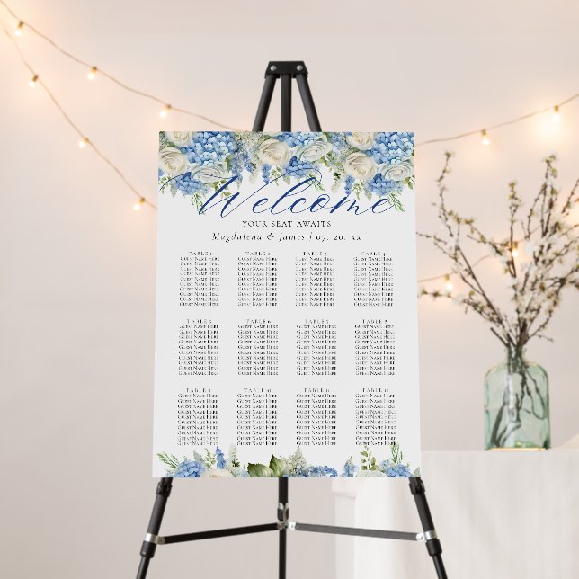 Blue Hydrangea White Roses Floral Sitting Chart Foam Board (In Situ (Stand))