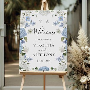 Blue Hydrangea White Roses Floral Wedding Welcome Foam Board