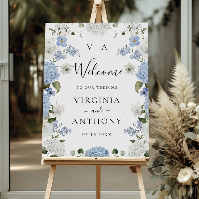 Blue Hydrangea White Roses Floral Wedding Welcome Foam Board (Creator Uploaded)