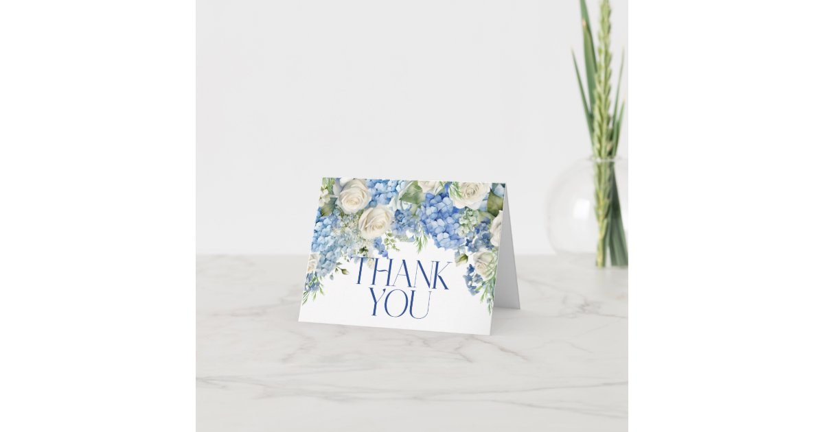 Blue Hydrangea White Roses Watercolor Floral Thank You Card | Zazzle