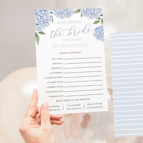 Blue Hydrangea Who Knows The Bride Paper Game Card