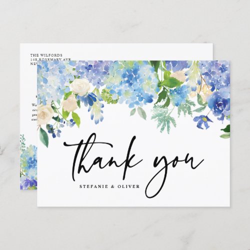 Blue Hydrangea Winter Floral Wedding Thank You Postcard