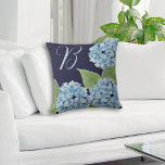 Blue Hydrangea with Initial on Navy Background Throw Pillow<br><div class="desc">This design was created using elements from one of my original watercolor paintings of a blue hydrangea floral. Set against a navy background, the light blue botanical with green foliage has an elegant look. Adding a customized initial will bring an elegant feel to your home decor that looks beautiful all...</div>
