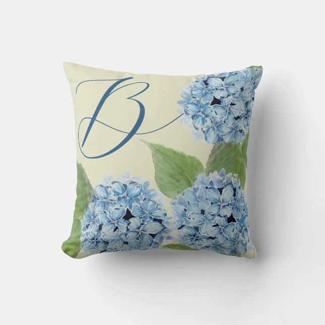 Blue Hydrangea with Initial  Throw Pillow (Front)