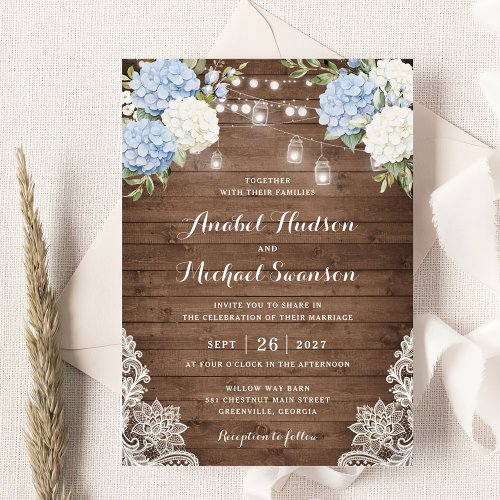 Blue Hydrangea Wood Lace String Light Wedding Invitation