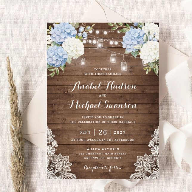 Blue Hydrangea Wood Lace String Light Wedding Invitation (Creator Uploaded)