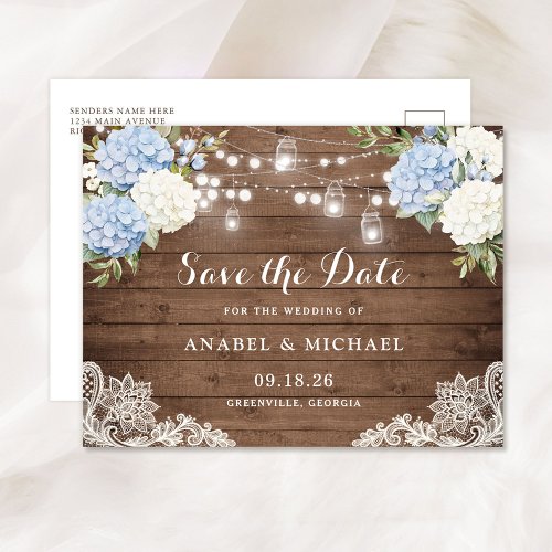 Blue Hydrangea Wood String Lights Save the Date Announcement Postcard