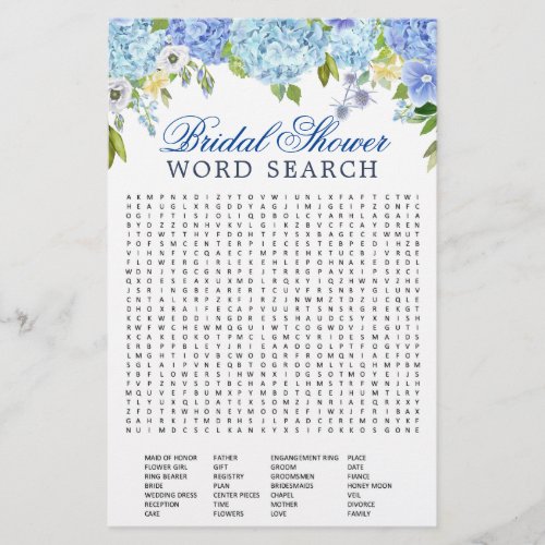 Blue Hydrangea  Word Search Bridal Shower Game