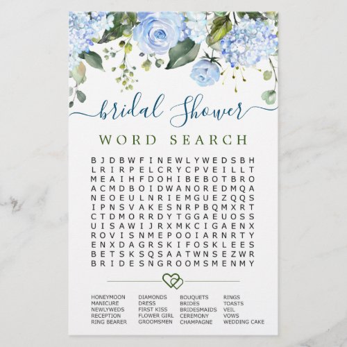 Blue Hydrangea Word Search Bridal Shower Game