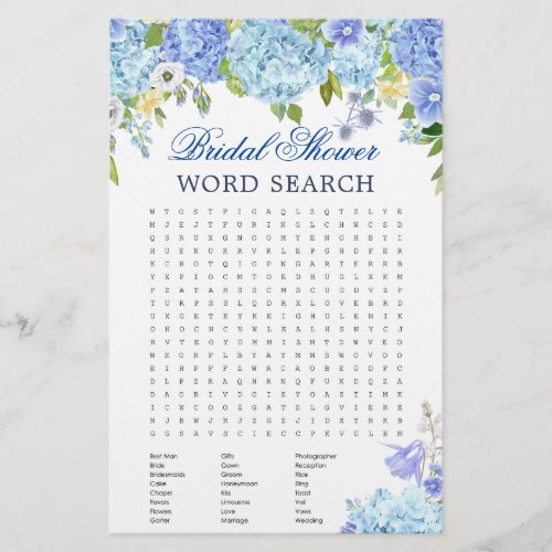 Blue Hydrangea  Word Search Bridal Shower Game