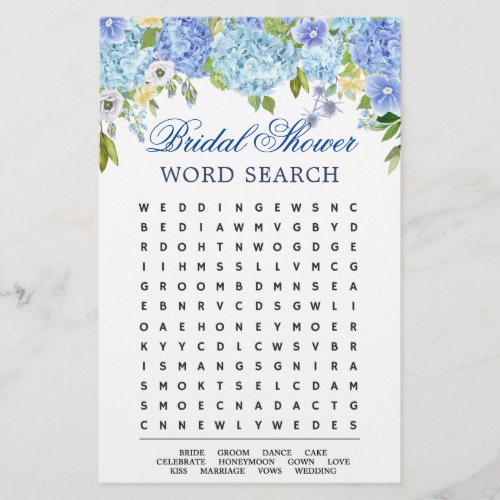 Blue Hydrangea  Word Search Bridal Shower Game