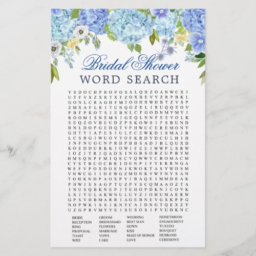 Blue Hydrangea  Word Search Bridal Shower Game